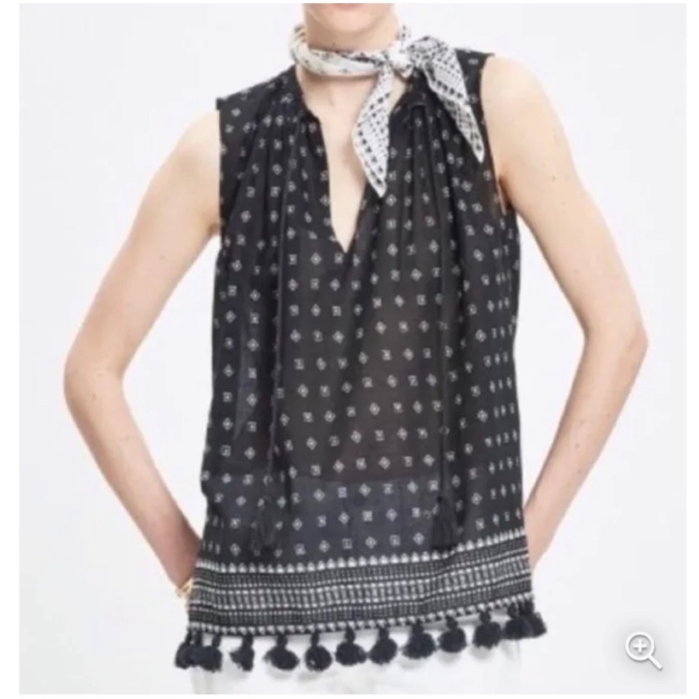Madewell- Sz Medium- Scatterblock Tassel Hem Cotton Tank- B&W Aztec Print